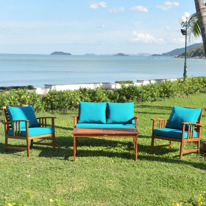 Hivvago 4 Pieces Wooden Patio Sofa Chair Set with Cushion