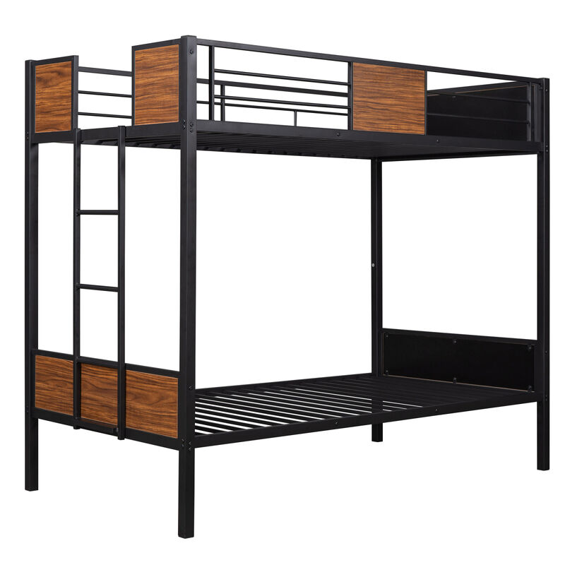 Twin-Over-Twin Bunk Bed Modern Style Steel Frame Bunk Bed With Safety Rail, Built-In Ladder