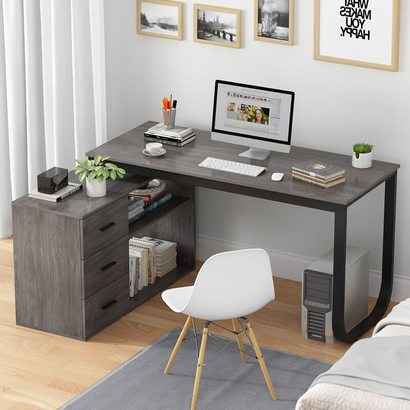 55.1 in. L-Shaped Gray Wood Writing Desk Corner Gaming Desk With 2-Tier Shelves and 3-Drawers Home Office Use