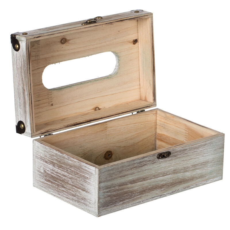 Grey Wood Facial Tissue Box Holder for Your Bathroom, Office, or Vanity with Decorative Metal Brackets