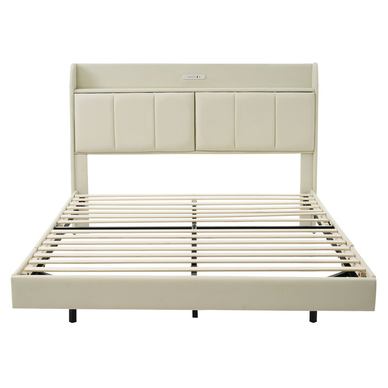 Merax Modern Upholstered Platform Bed with Storage Headboard