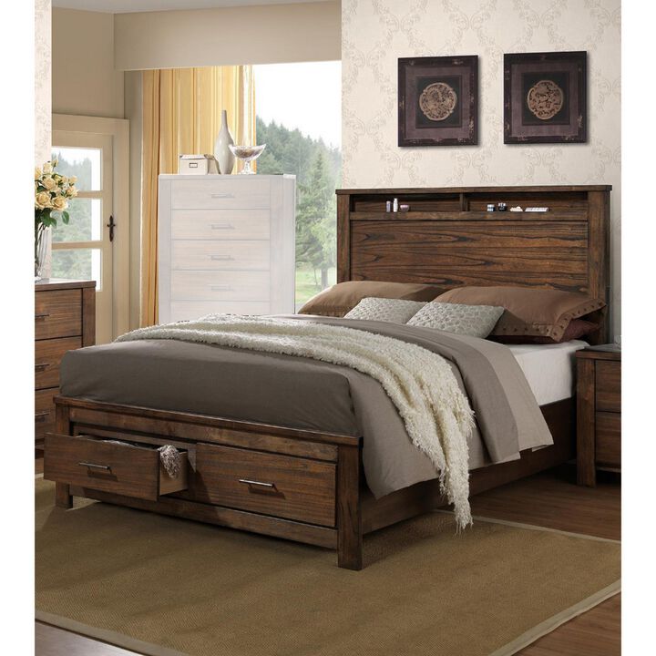 Enchanting Wooden C.King Bed With Display And Storage Drawers, Oak Finish-Benzara
