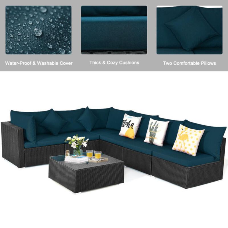 Hivvago 7 Pieces Sectional Wicker Furniture Sofa Set with Tempered Glass Top Coffee Table