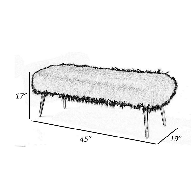 Ammy 45 Inch Bench with Foam Fill Seat, White Faux Fur, Silver Metal Legs - Benzara