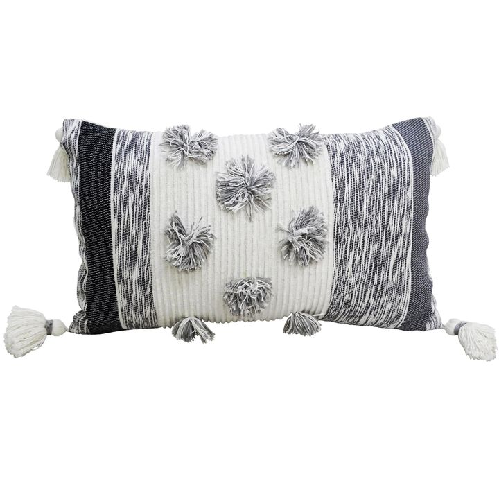 24" Gray and White Striped Rectangular Throw Pillow with Large Poms and Tassels