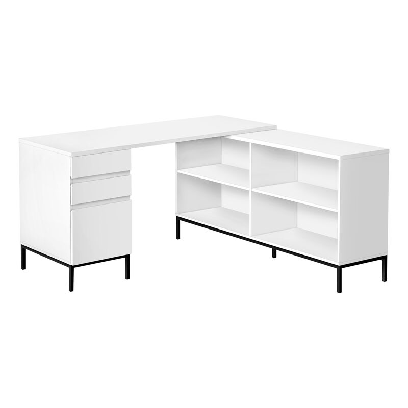 Computer Desk, Home Office, Corner, Storage Drawers, 60"L, L Shape, Work, Laptop, Metal, Laminate, White, Black, Contemporary, Modern