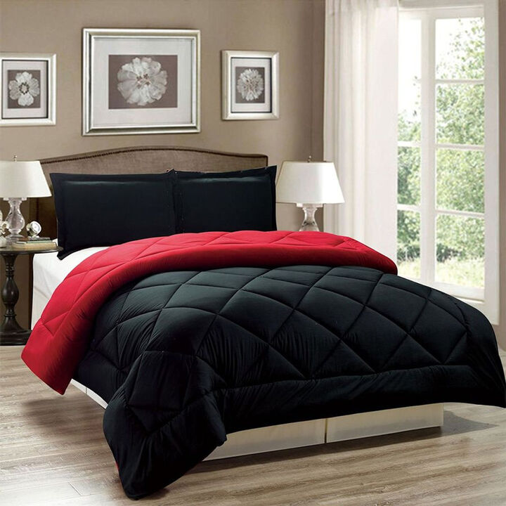 Legacy Decor 3pc Down Alternative, Reversible Comforter Set Red and Black, King Size