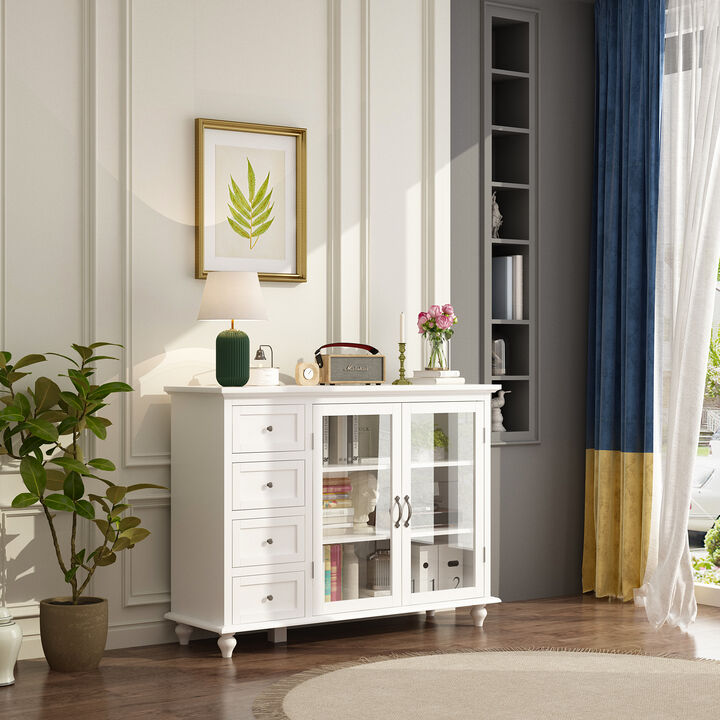 White Wooden Accent Storage Cabinet, Sideboard, Wine Storage Cabinet with 4 Drawers and 3-Tier of Shelf