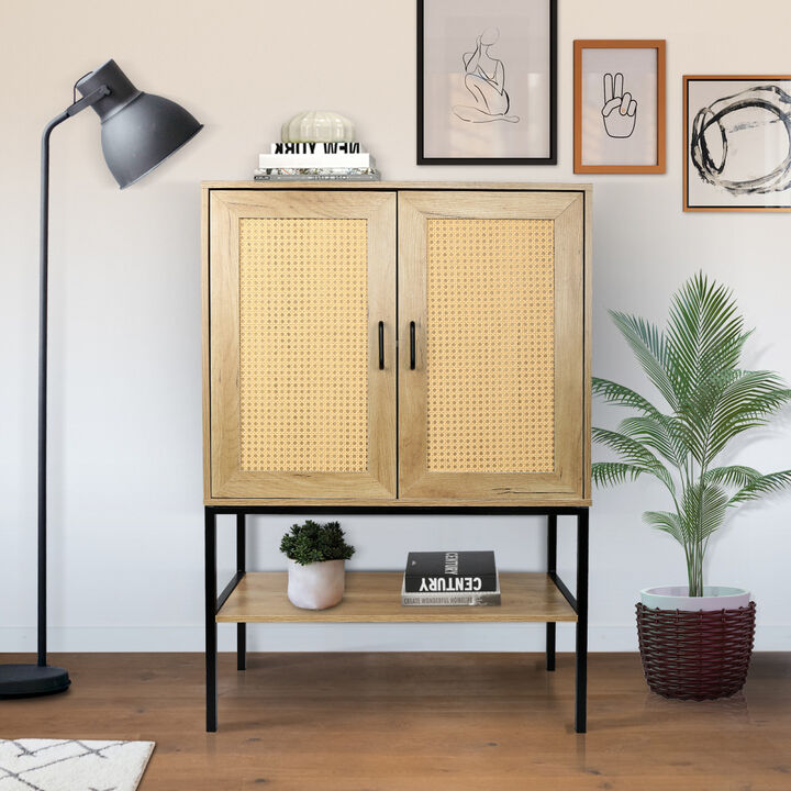 31.5 inch Wide 2 Rattan Doors Freestanding Sideboard Storage Cabinet with One Open Bottom Shelf for Kitchen Dining Room Living Room, Natural Color