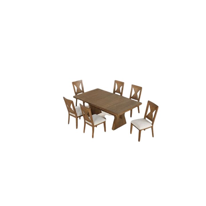 Zivy 7pc Dining Table Set, Modern Farmhouse Oak Brown, 6 Fabric Chairs - Benzara