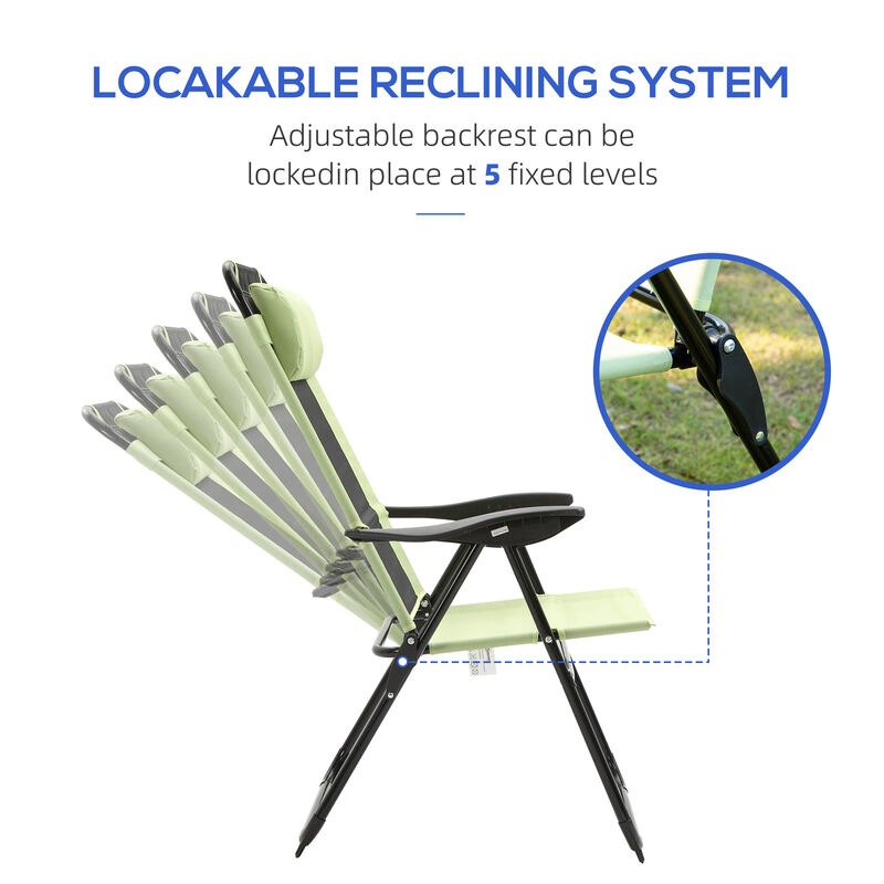 Outsunny Folding Patio Chairs Set of 2, Outdoor Deck Chair with Adjustable Sling Back, Camping Chair with Removable Headrest for Garden, Backyard, Lawn, Green