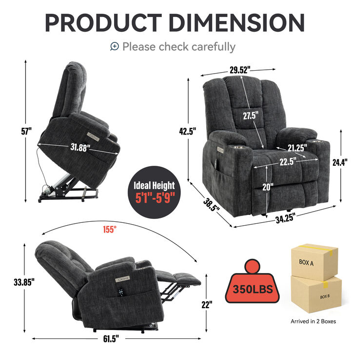 Heavy Duty Power Lift Recliner Chair for Elderly - Overstuffed Wide Seat with Massage & Heat, USB/Type-C Ports, 2 Cup Holders