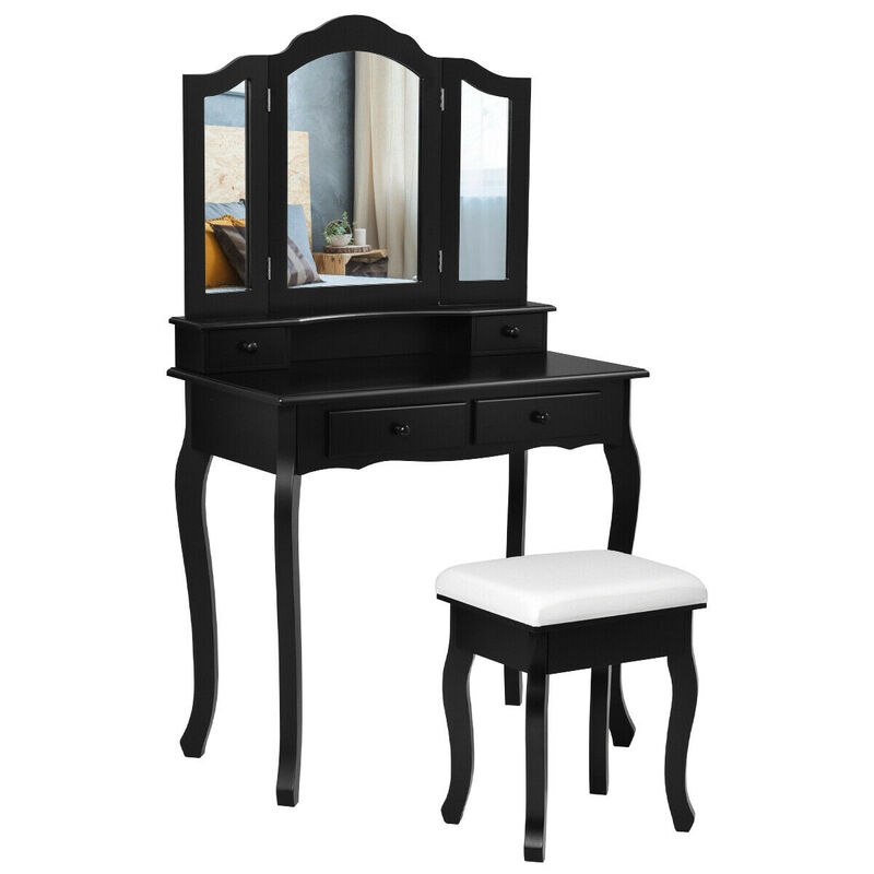 4 Drawers Wood Mirrored Vanity Dressing Table with Stool