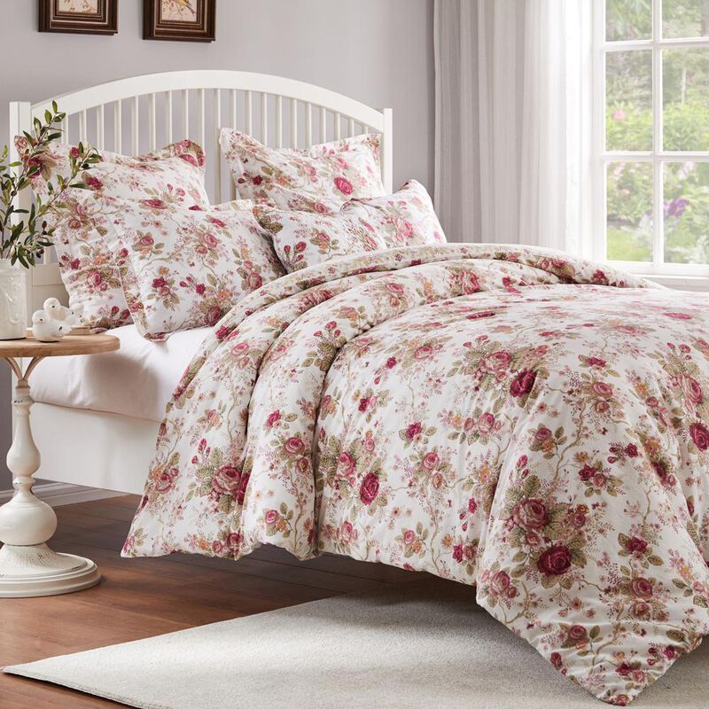 Greenland Home Fashions Antique Rose Luxurious Comfortable 3 Pieces Duvet Cover Set Ivory Full/Queen