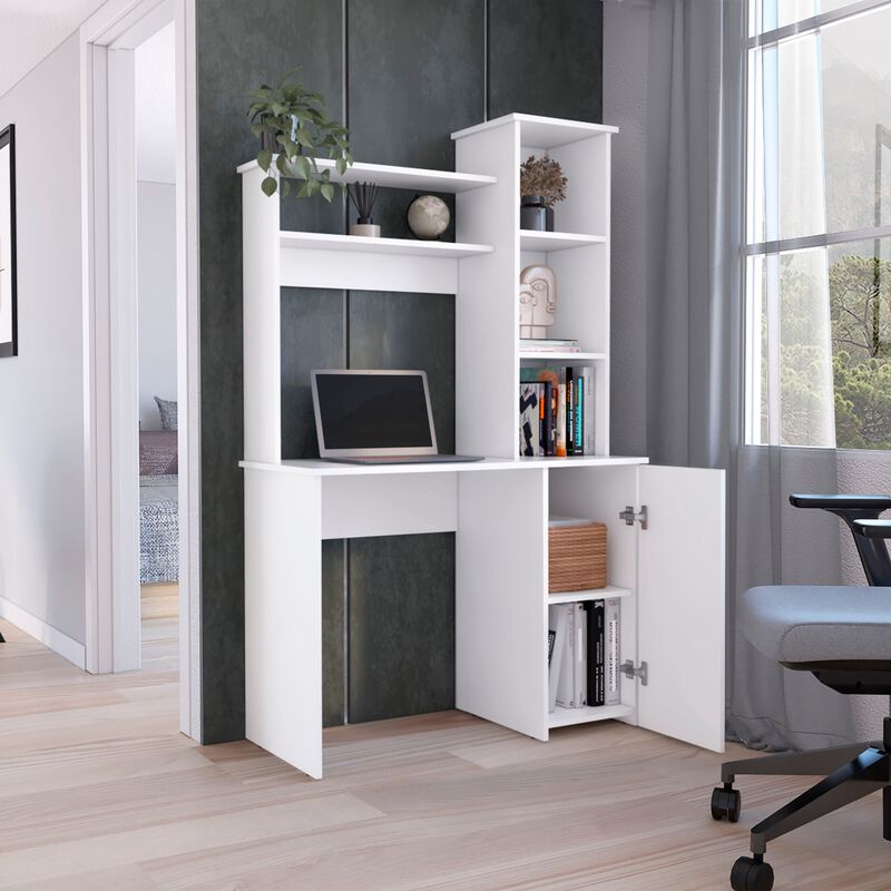DEPOT E-SHOP Muncy Computer Desk with Ample Work Surface, Hutch Storage and Single Door Cabinet with 3-Tier Shelves, White