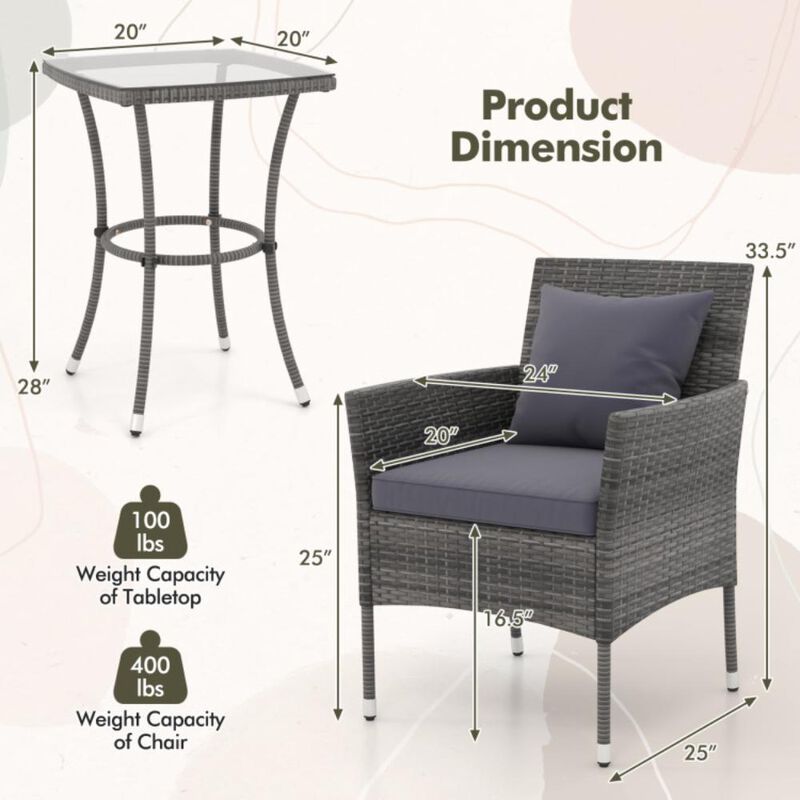 Hivvago 3 Pieces Patio Furniture Set with Cushioned Patio Chairs and Tempered Glass Coffee Table