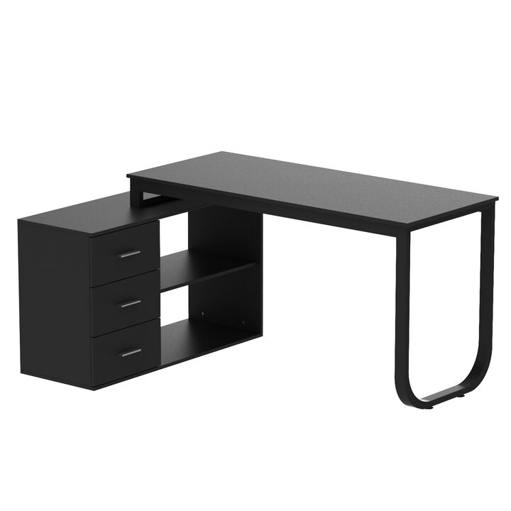 55.1 in. L-Shaped Black Wood Computer Desk Writing Desk Office Executive Desk With Removable Tabletop, Shelves 3-Drawers