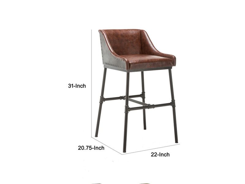 Leatherette Bar Stool with Riveted Metal Backing, Brown and Black-Benzara