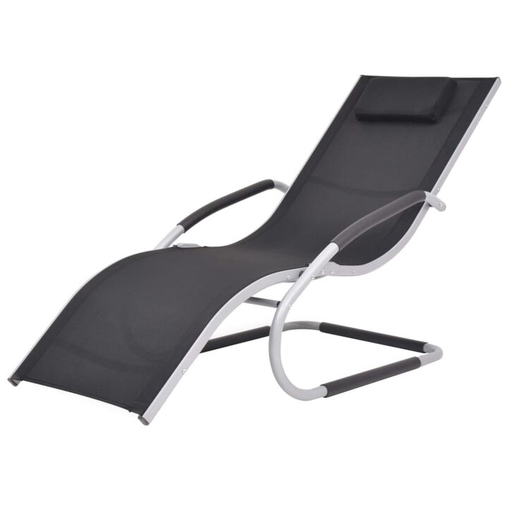 vidaXL Sun Lounger with Pillow - Aluminum and Textilene Outdoor Recliner, Easy Assembly, Weather Resistant, Ergonomic Design, Black and Gray, for Patio/Garden/Poolside