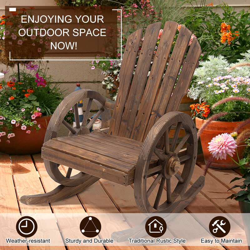 Outsunny Wooden Rocking Chair, Adirondack Rocker Chair w/ Slatted Design and Oversized Back, Outdoor Rocking Chair with Wagon Wheel Armrest for Porch, Poolside, and Garden, Carbonized