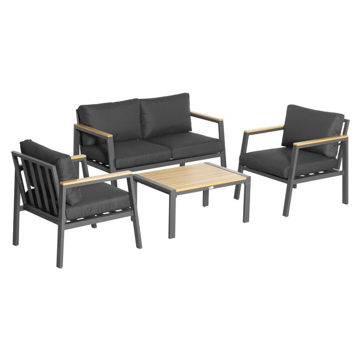 Grey 4 Piece Aluminum Patio Furniture Set: Conversation Set, Outdoor Garden Sofa Set with Loveseat, Center Coffee Table & Cushions