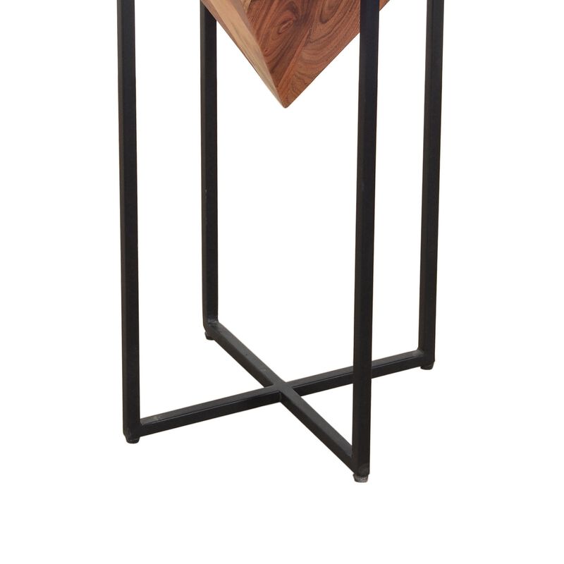 26 Inch Pyramid Shape Wooden Side Table With Cross Metal Base, Brown and Black-Benzara