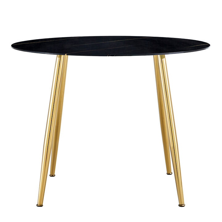 Hivvago 40 inches Modern Minimalist Round Marbled Glass  Table with Gold Metal Legs