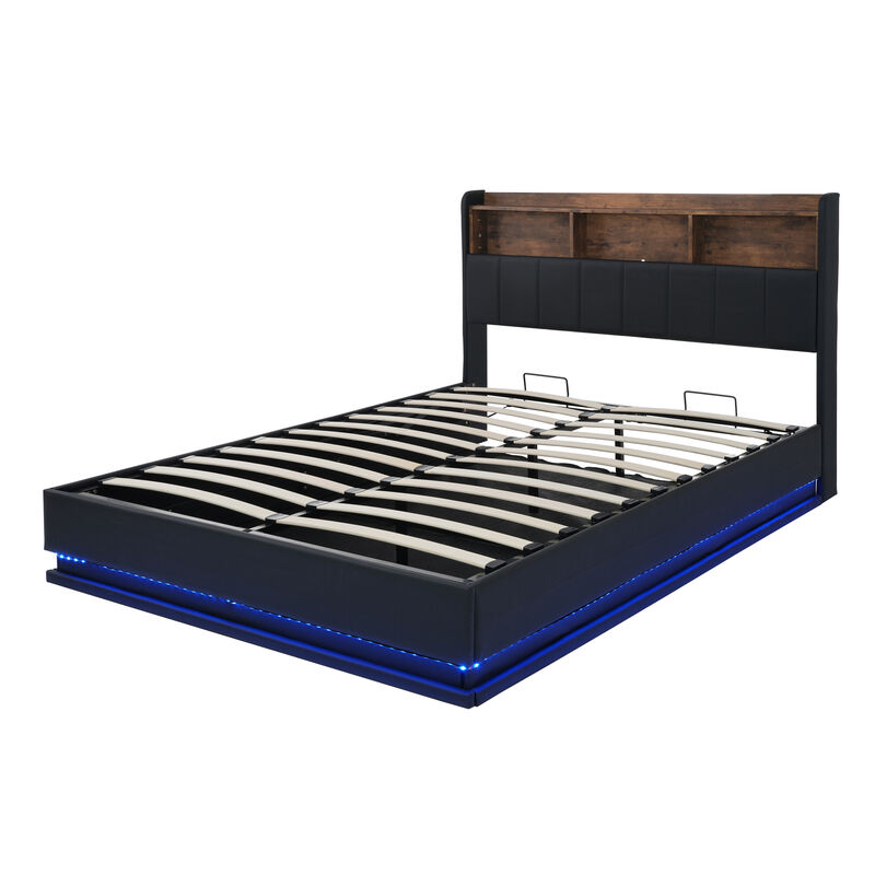 Full Size Upholstered Platform Bed with Storage Headboard and Hydraulic Storage System, PU Storage Bed with LED Lights and USB charger, Black