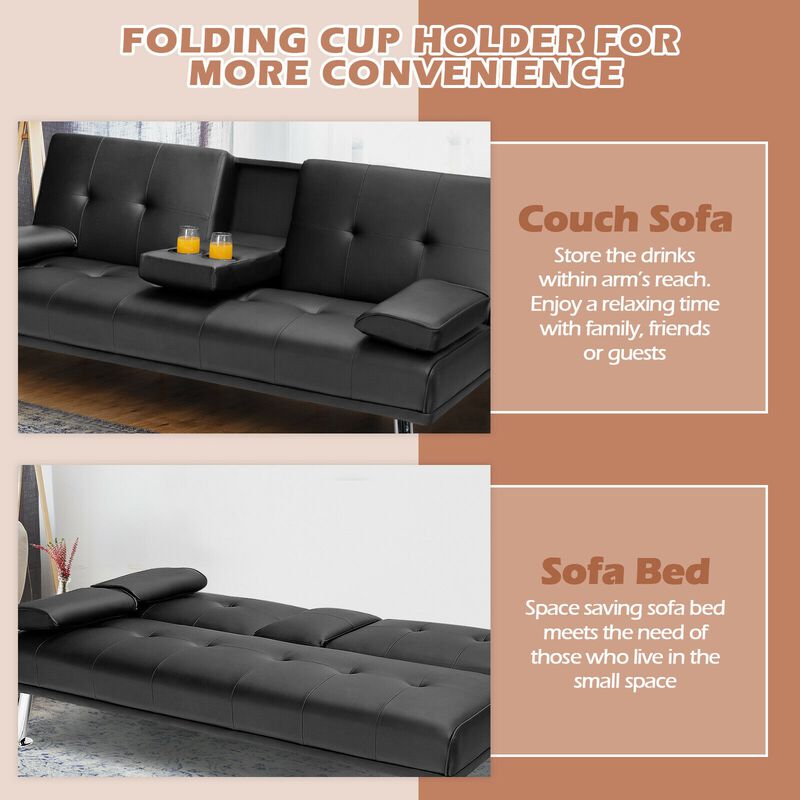 Convertible Folding Leather Futon Sofa with Cup Holders and Armrests