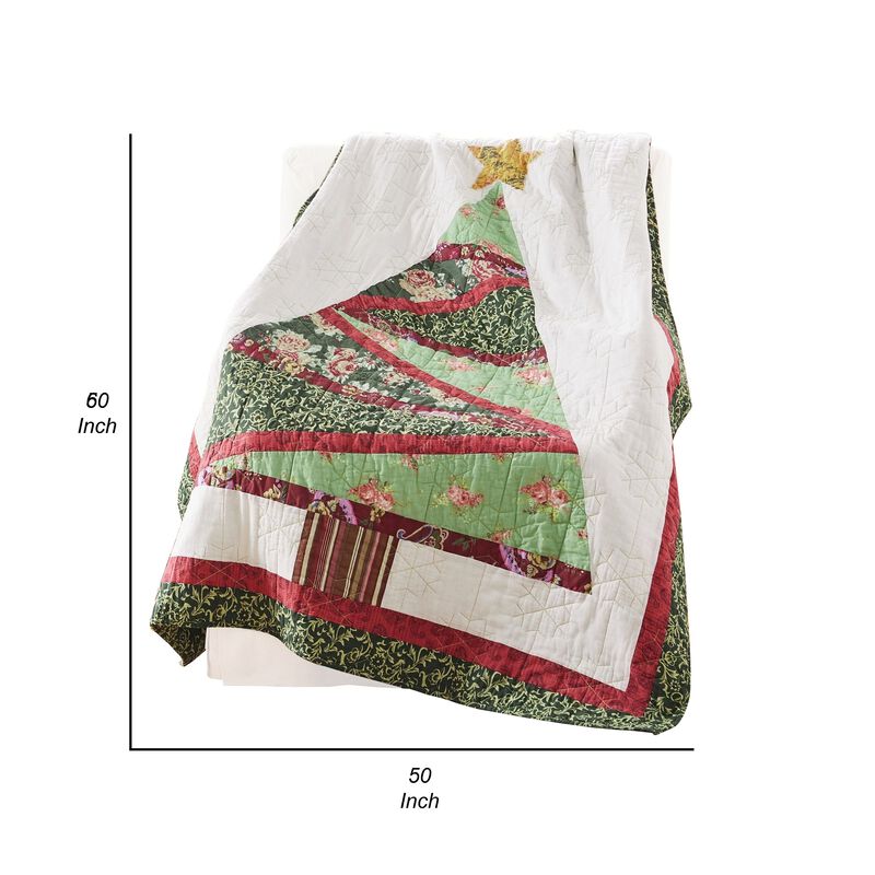 50 x 60 Cotton Quilted Throw Blanket, Christmas Tree Holiday Print - Benzara