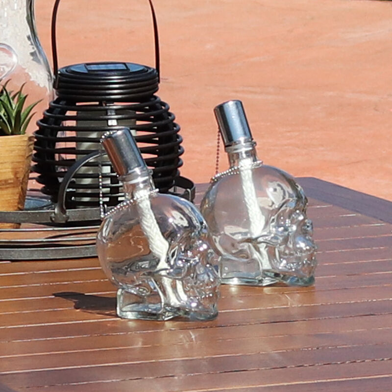 Sunnydaze Set of 4 Grinning Skull Glass Tabletop Torches