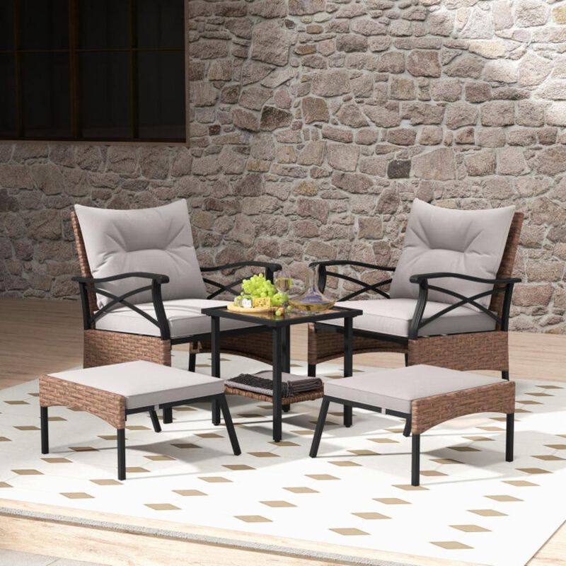 Hivvago 5 Pieces Wicker Patio Furniture Set Ottomans and Cushions and 2-Tier Tempered Glass Side Table