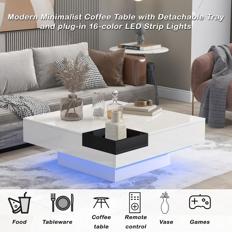 Modern Minimalist Design Square Coffee Table with Detachable Tray and Plug-in 16-color LED Strip Lights Remote Control