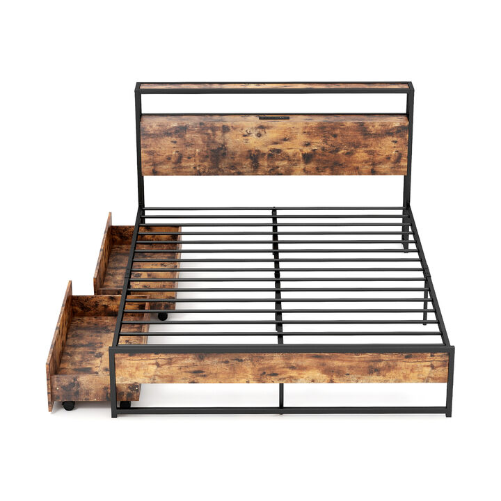 Wooden Bed Frame with 2 Storage Drawers and Power Station &ndash; Platform Bed with USB Ports