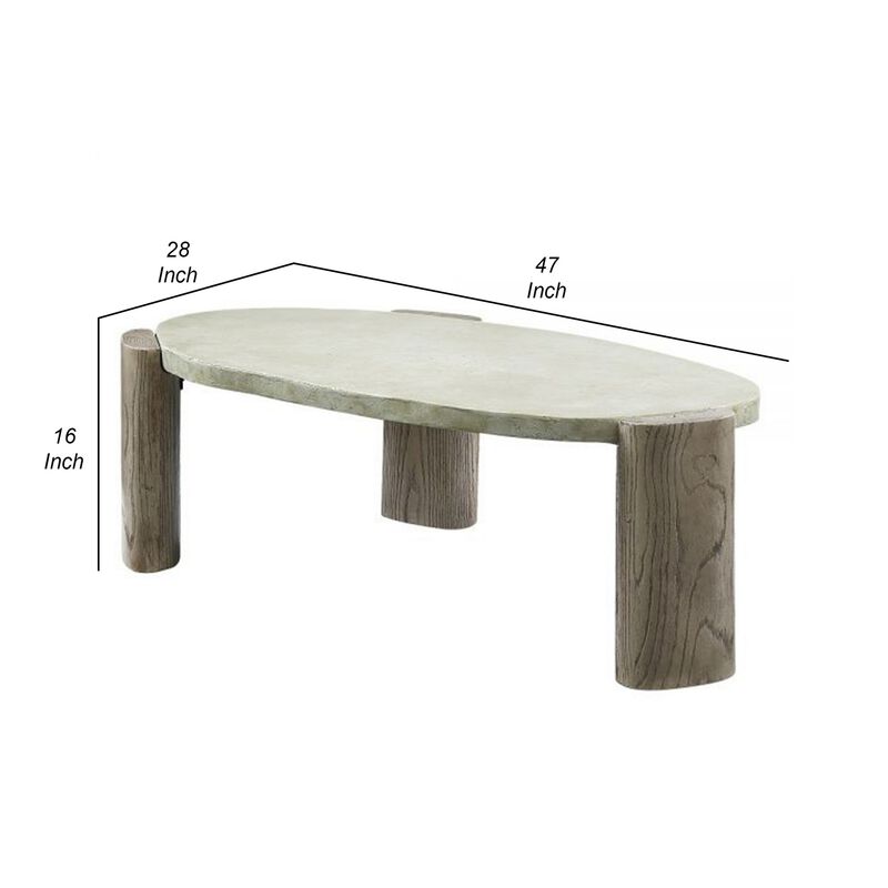 47 Inch Coffee Table, Oval Shape Cement Top, Smooth Gray and Oak Brown - Benzara