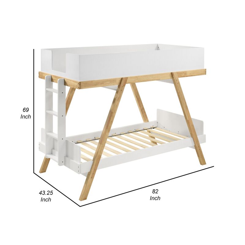 Anky Twin Size Bunk Bed, Brown Wood, 3 Side Panel Rails, Ladder, White - Benzara