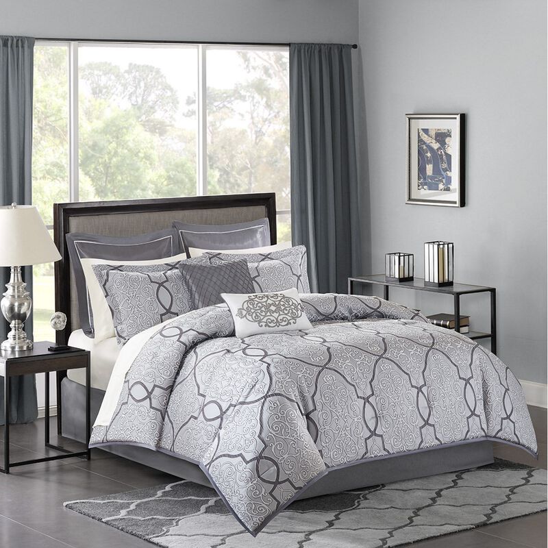 Gracie Mills Tommie 12-Piece Damask Comforter Set with Cotton Bed Sheets