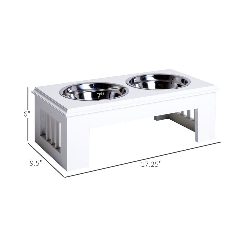 Elegant Pet Diner: White Wooden Dog Feeding Station with Steel Bowls