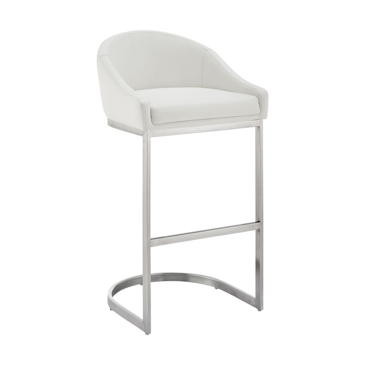 Lina 24 Inch Counter Stool Chair, Metal Cantilever Base, White Faux Leather - Benzara