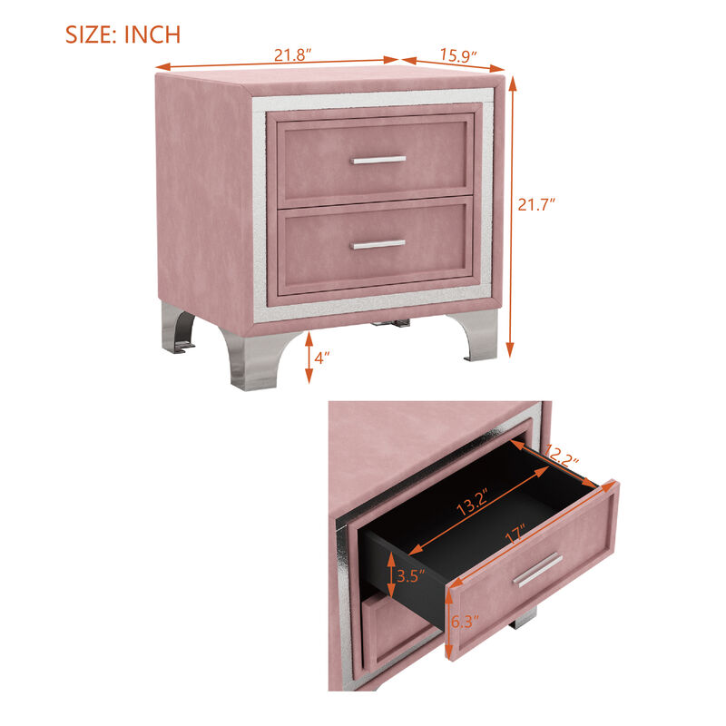 2Drawer Nightstand with Metal Legs for Bedroom, Mid Century Nightstand Fully Assembled Except Legs and Handles, Velvet Bedside Table Pink