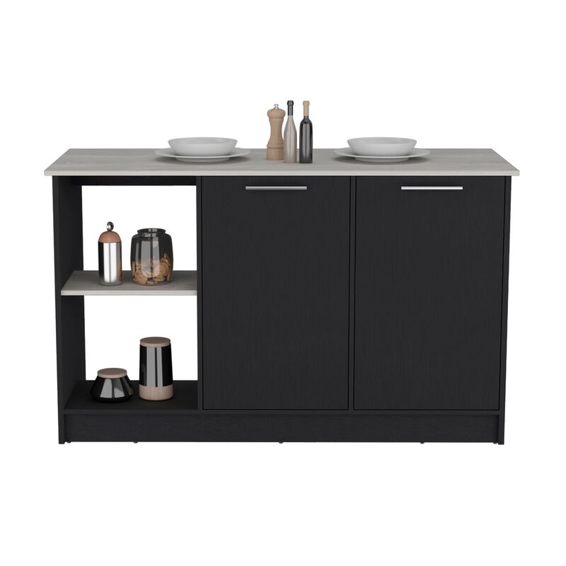 DEPOT E-SHOP Coral Kitchen Island with Large Countertop, Open Storage Shelves and Double Door Cabinet
