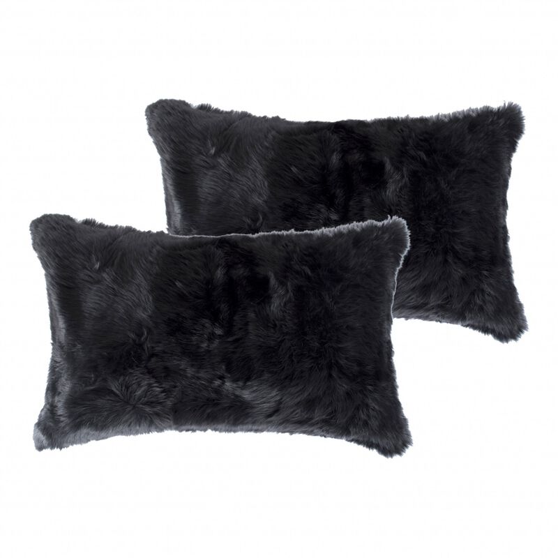 Homezia Set Of Two 12" X 20" Black Rabbit Natural Fur Throw Pillows