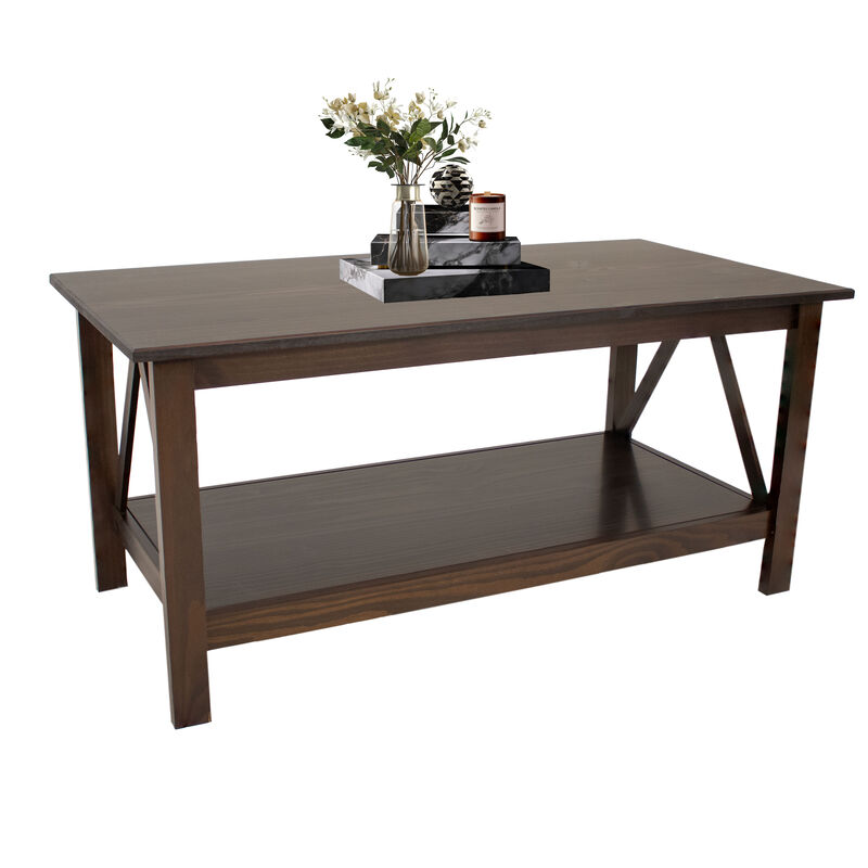 Sunnydaze Solid Pine Coffee Table with Shelf - Dark Brown - 43.5 in