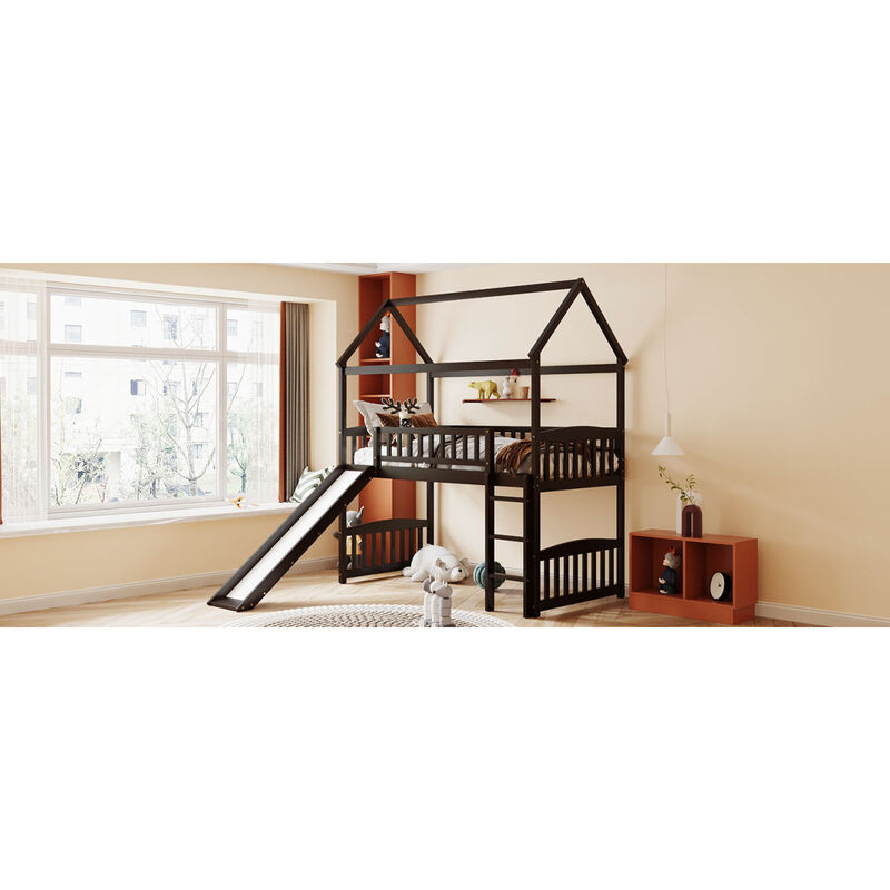 Twin Loft Bed with Slide, House Bed with Slide,Espresso