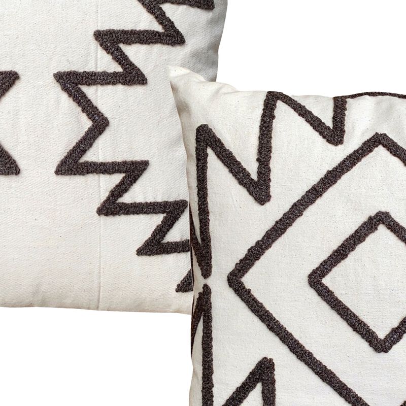 17 x 17 Inch Square Cotton Accent Throw Pillows, Geometric Aztec Embroidery, Set of 2, White, Gray-Benzara