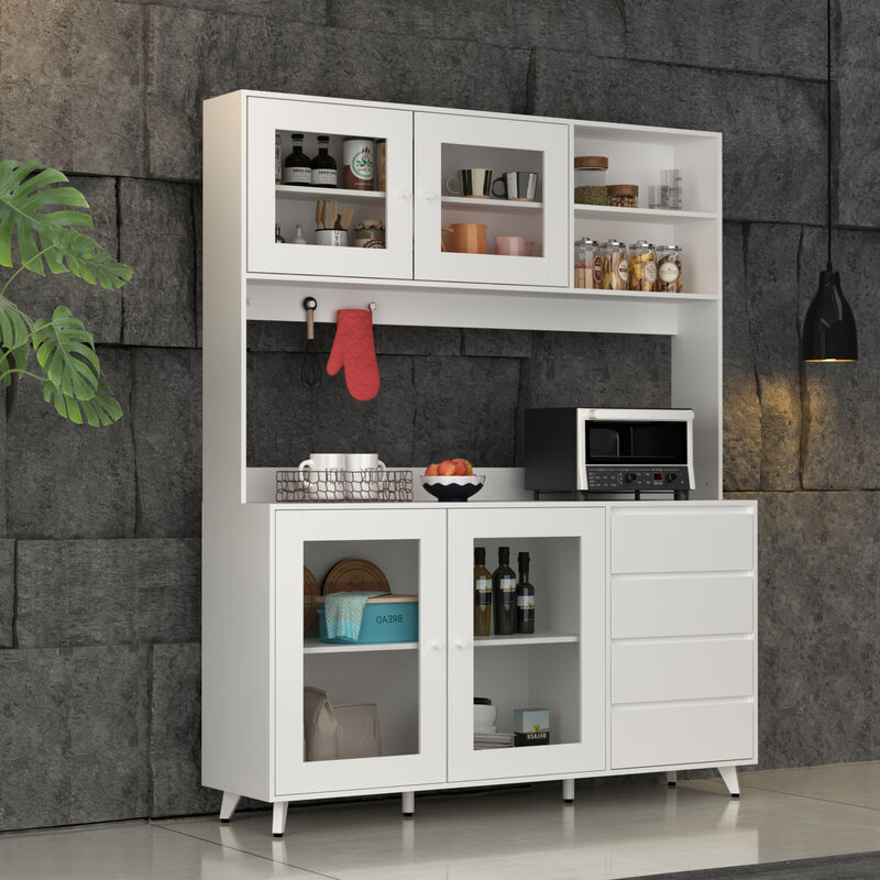 White Large Kitchen Pantry Cabinet Buffet with 4-Drawers Hooks Open Shelves and Glass Doors