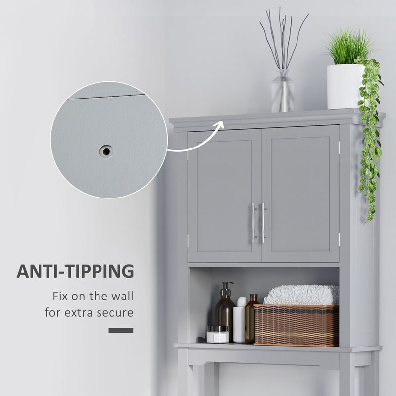 Modern Over The Toilet Storage Cabinet, Double Door Bathroom Organizer with Inner Adjustable Shelf and Open Shelf, Grey