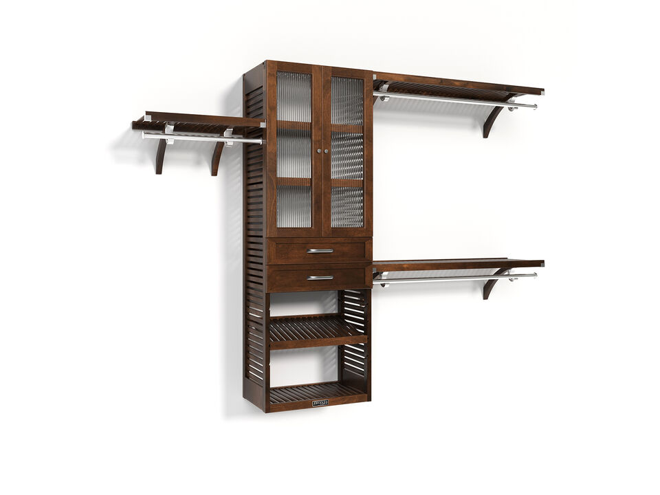Solid Wood Walk-In Closet Organizer with 2 Shaker Style Drawers and Glass Doors
