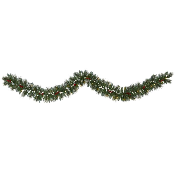 Nearly Natural 9-ft Frosted Swiss Pine Artificial Garland with 50 Clear LED Lights and Berries