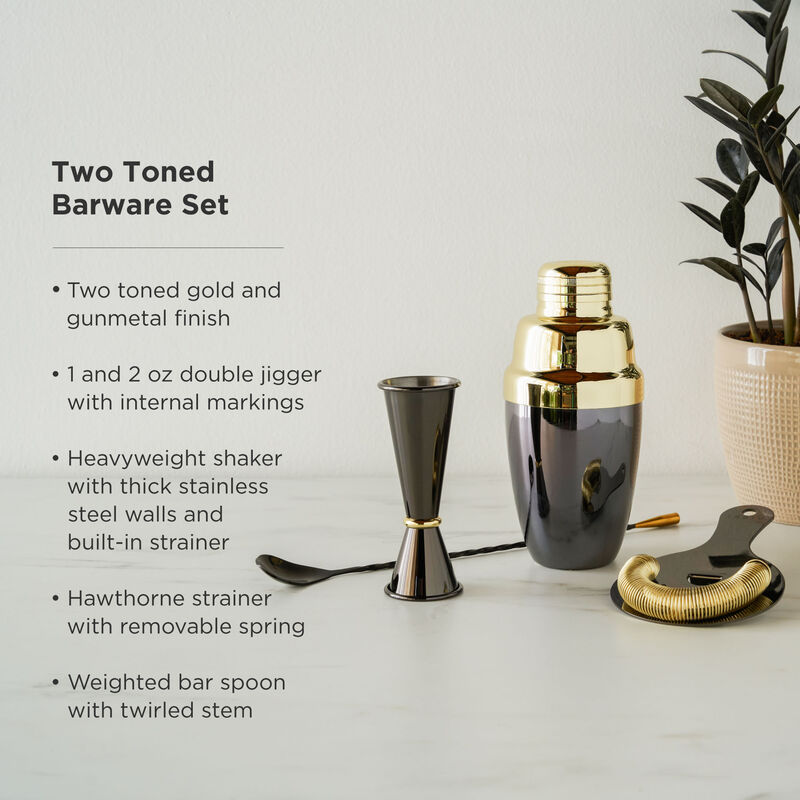 4-Piece Stainless Steel Barware Set in Black & Gold